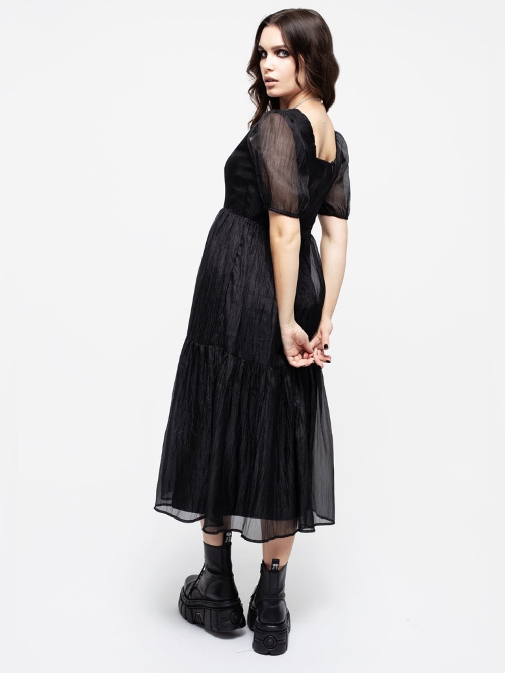 Disturbia Flatline Puff Sleeve Sheer Black Tiered Midi Dress US 8 - Picture 3 of 10